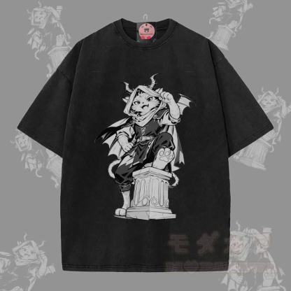 MODAKAWA Dark Knight Katzen-Grafik Unisex Vintage Washed T-Shirt - Schwarz - 5XL - image 2