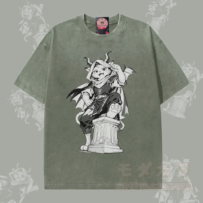 MODAKAWA Dark Knight Katzen-Grafik Unisex Vintage Washed T-Shirt - Dunkelgrün - 5XL - image 1