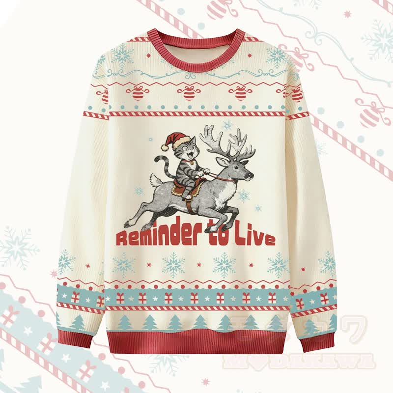 MODAKAWA REMINDER TO LIVE Katzenreitendes Rentier Weihnachtspullover mit Grafik - Weiß - 4XL - image 1