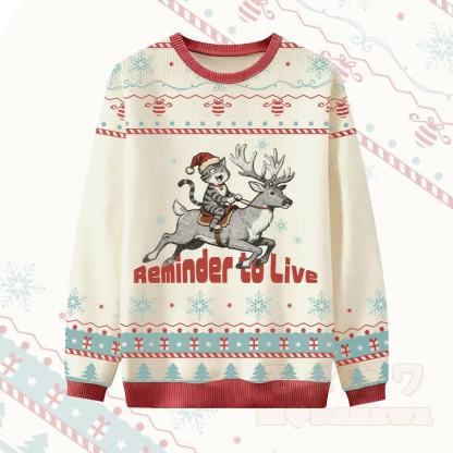 MODAKAWA REMINDER TO LIVE Katzenreitendes Rentier Weihnachtspullover mit Grafik - Weiß - 4XL - image 1