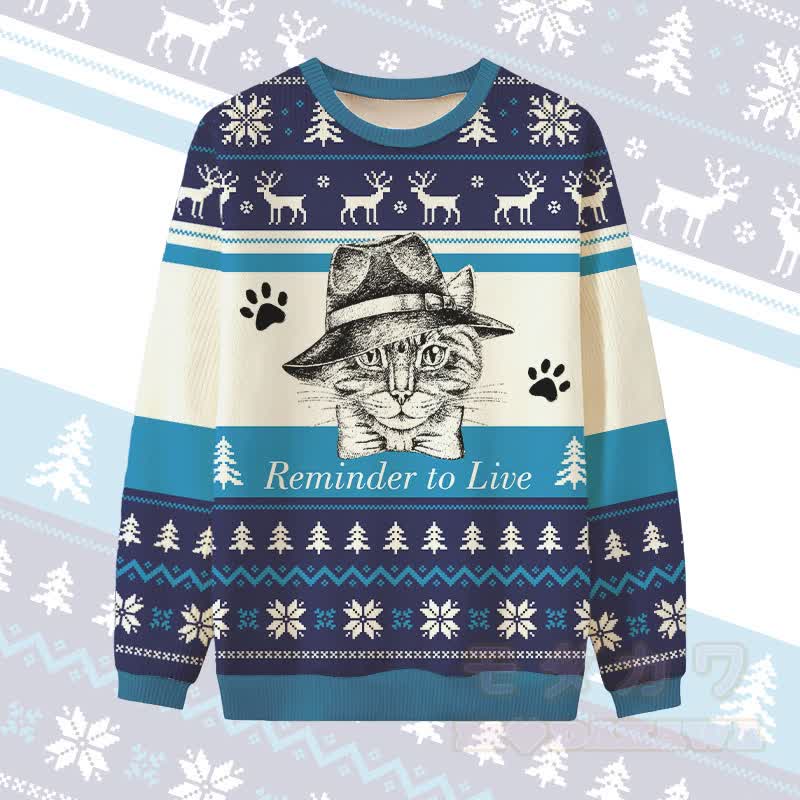 MODAKAWA REMINDER TO LIVE Weihnachtspullover mit Katzenmotiv (Cat In Hat) - Blau - 4XL - image 3