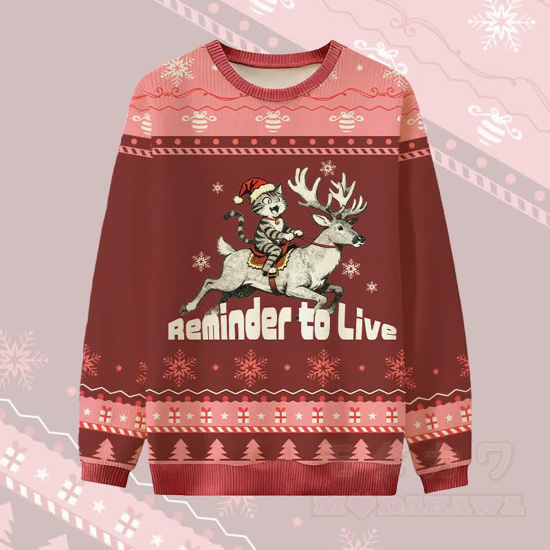MODAKAWA REMINDER TO LIVE Katzenreitendes Rentier Weihnachtspullover mit Grafik - Rot - 4XL - image 3
