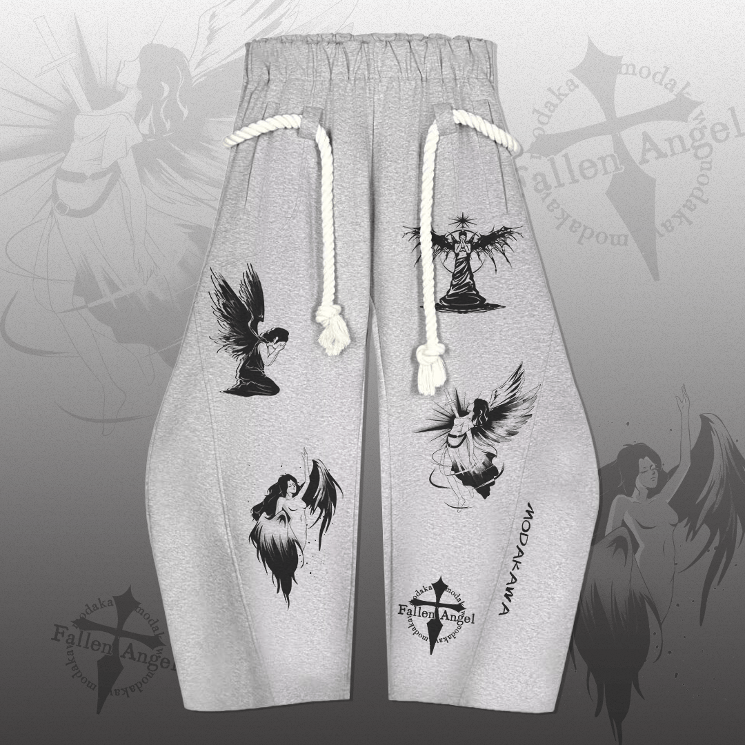 MODAKAWA Fallen Angel Graphic Drawstring Wide Leg Pants - Grey - 2XL - image 1