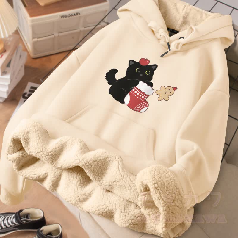 MODAKAWA Winter-Hoodie mit Weihnachtsmotiv (schwarze Katze), dick gefüttert mit Fleece - Aprikose - 2XL - image 2