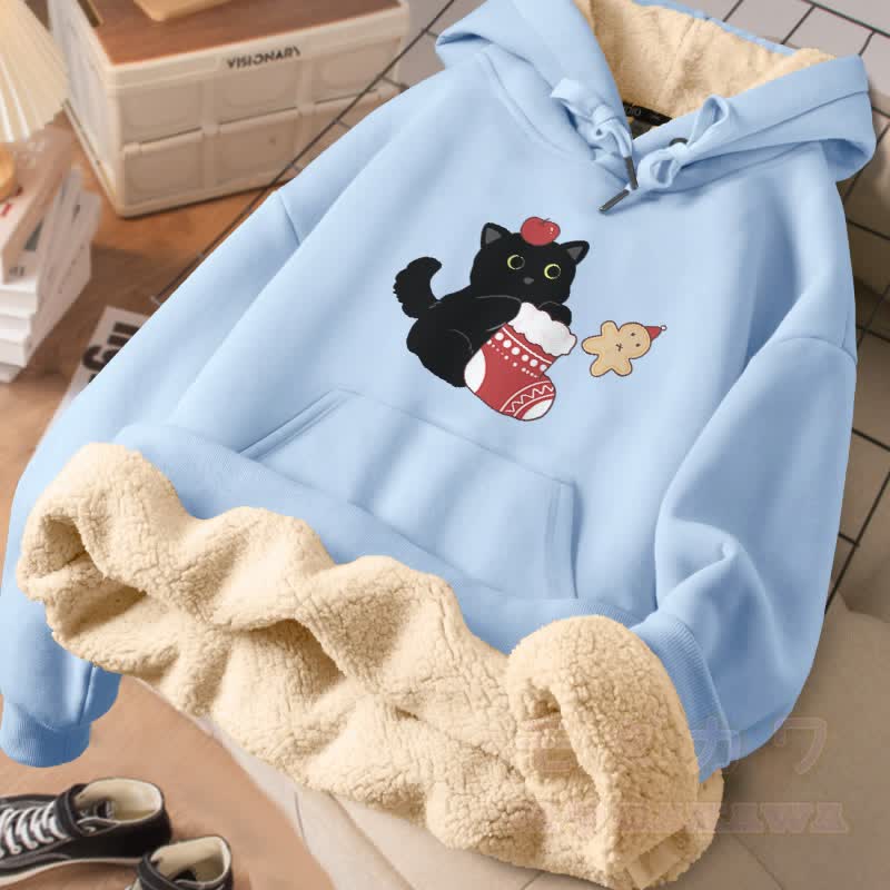 MODAKAWA Winter-Hoodie mit Weihnachtsmotiv (schwarze Katze), dick gefüttert mit Fleece - Blau - 2XL - image 1