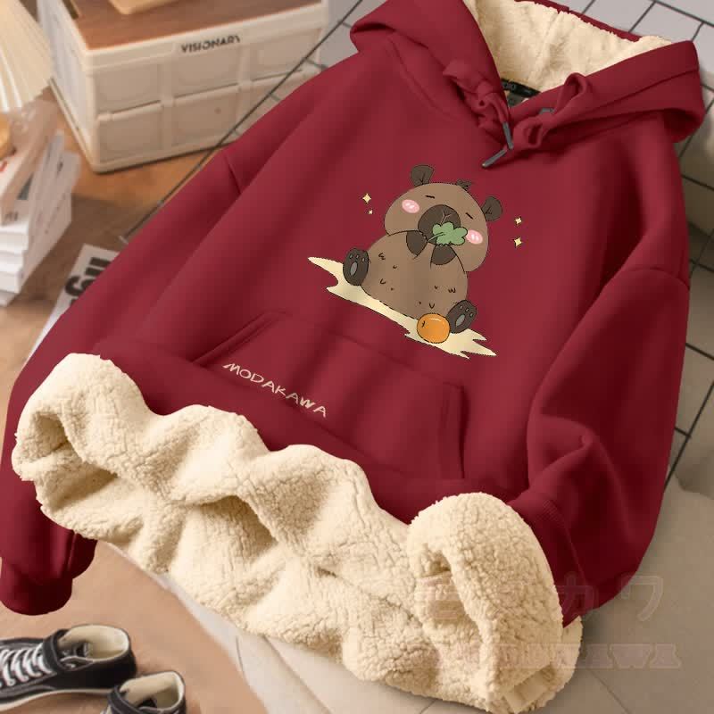 MODAKAWA Winterhoodie mit dickem Fleecefutter und Motiv eines fressenden Wasserschweins - Weinrot - 2XL - image 2