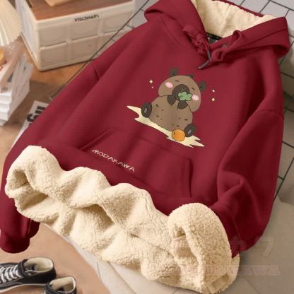 MODAKAWA Winterhoodie mit dickem Fleecefutter und Motiv eines fressenden Wasserschweins - Weinrot - 2XL - image 2