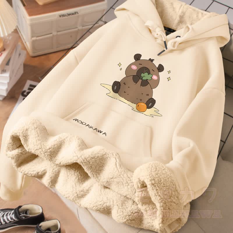 MODAKAWA Winterhoodie mit dickem Fleecefutter und Motiv eines fressenden Wasserschweins - Aprikose - 2XL - image 1