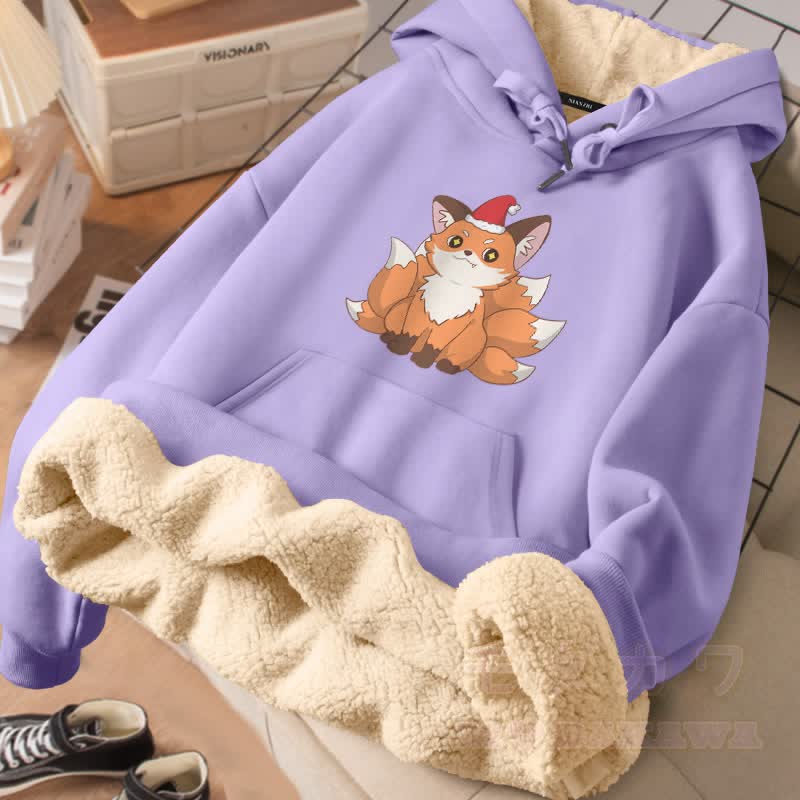 MODAKAWA Weihnachtlicher Winterhoodie mit neunschwänzigem Fuchsmotiv, dick gefüttert mit Fleece - Lila - 2XL - image 2