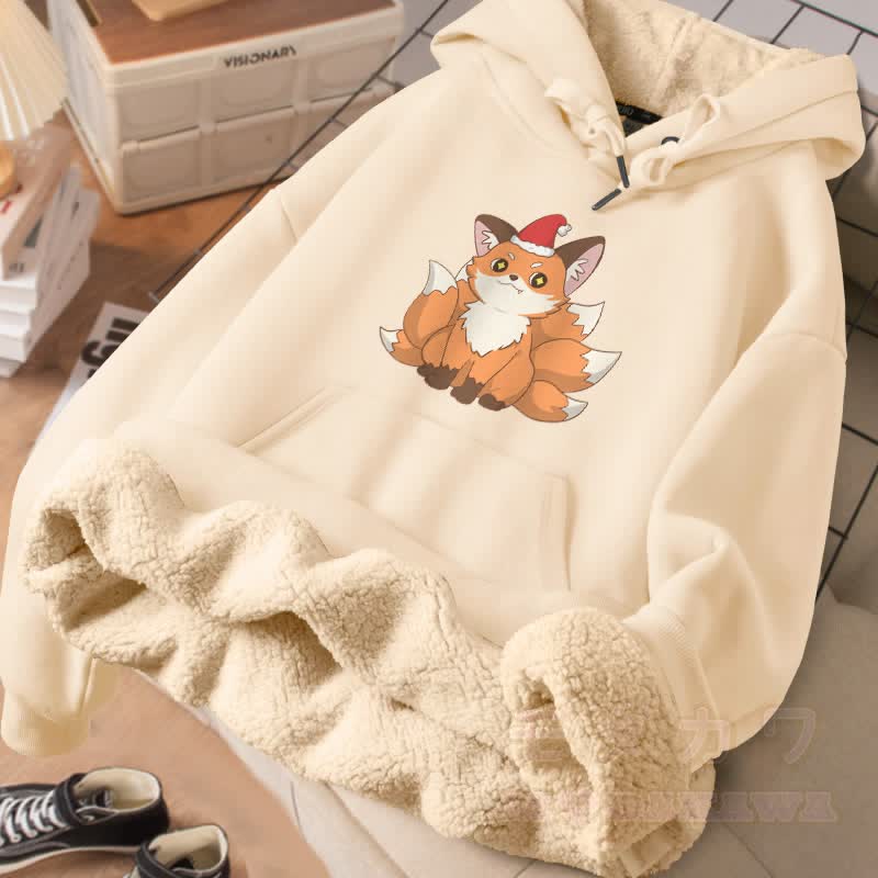 MODAKAWA Weihnachtlicher Winterhoodie mit neunschwänzigem Fuchsmotiv, dick gefüttert mit Fleece - Aprikose - 2XL - image 1