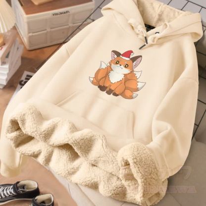 MODAKAWA Weihnachtlicher Winterhoodie mit neunschwänzigem Fuchsmotiv, dick gefüttert mit Fleece - Aprikose - 2XL - image 1