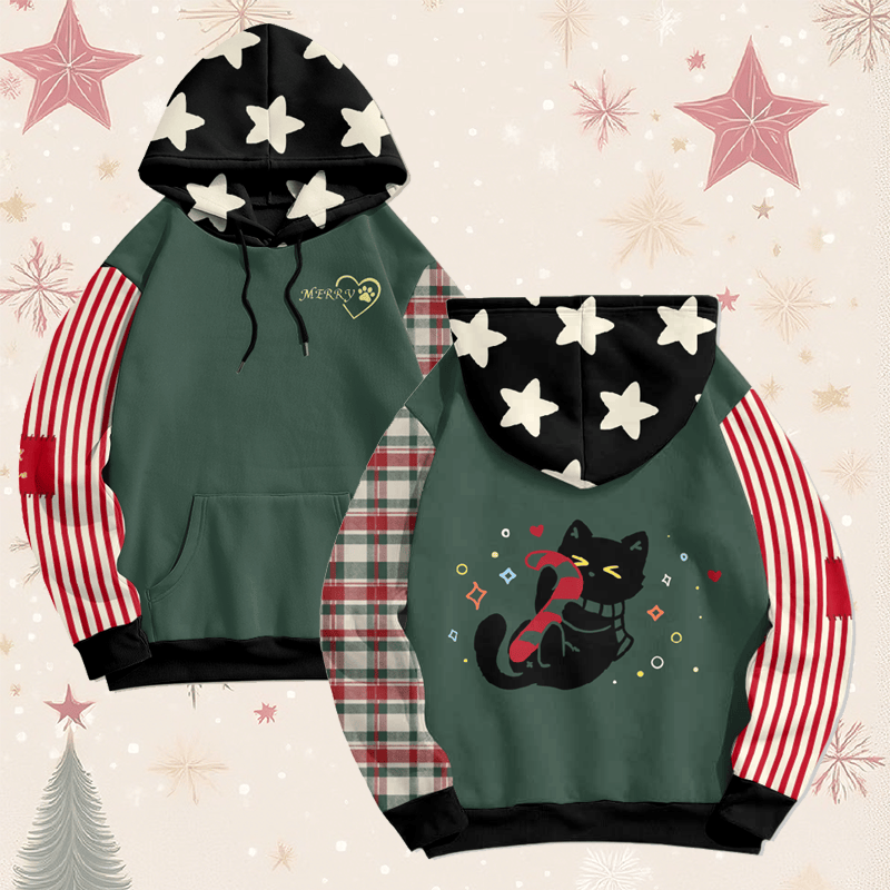 MODAKAWA Weihnachtspullover mit schwarzem Katzenmotiv und Zuckerstange - image 1