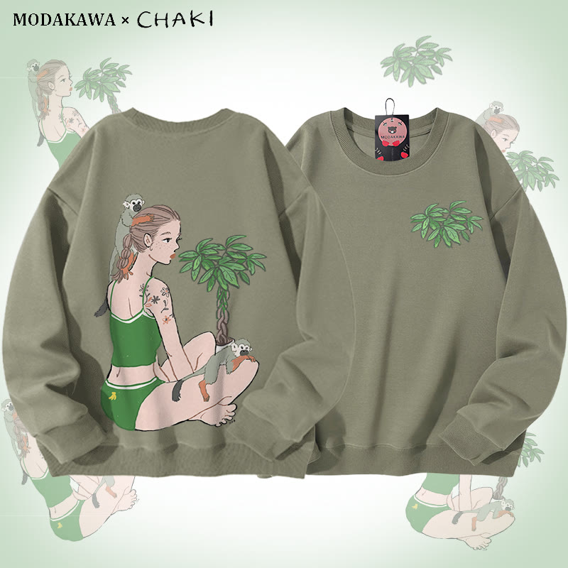 MODAKAWA X chaki Unisex-Sweatshirt mit Mädchen- und Affenmotiv - Light Khaki - 5XL - image 1