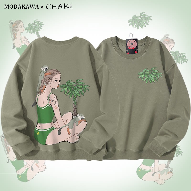 MODAKAWA X chaki Unisex-Sweatshirt mit Mädchen- und Affenmotiv - Light Khaki - 5XL - image 1