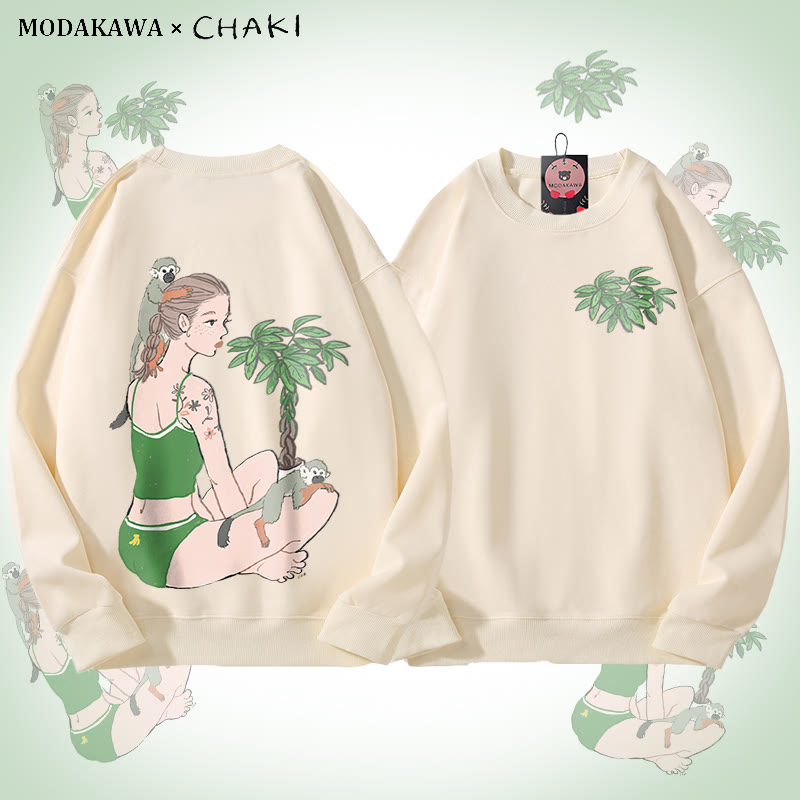 MODAKAWA X chaki Unisex-Sweatshirt mit Mädchen- und Affenmotiv - Beige - 5XL - image 2
