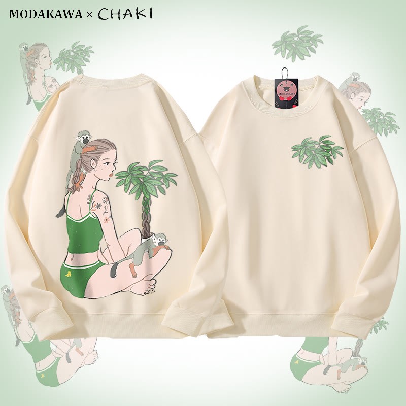 MODAKAWA X chaki Unisex-Sweatshirt mit Mädchen- und Affenmotiv - Beige - 5XL - image 2