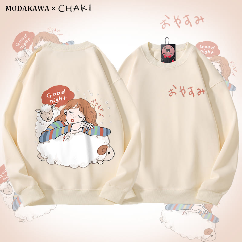 MODAKAWA X chaki Good Night Girl Sleeping On Sheep Graphic Unisex Sweatshirt - Beige - 5XL - image 1