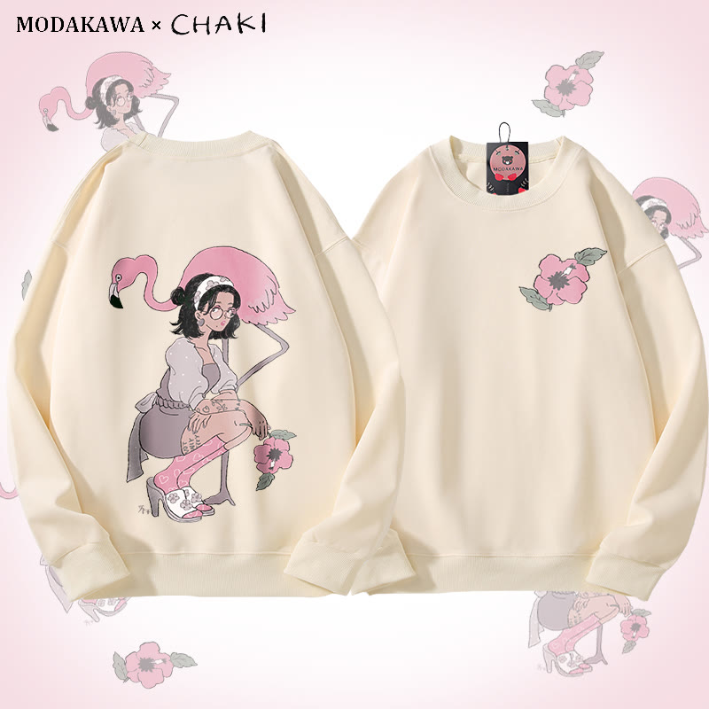 MODAKAWA X chaki Unisex-Sweatshirt mit Mädchen- und Flamingo-Grafik - Beige - 5XL - image 1