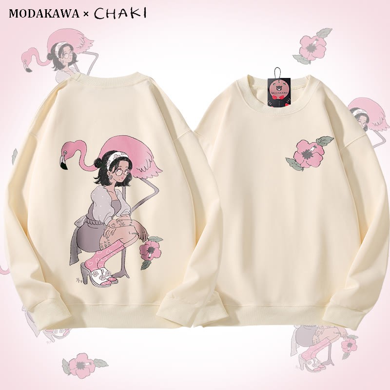 MODAKAWA X chaki Unisex-Sweatshirt mit Mädchen- und Flamingo-Grafik - Beige - 5XL - image 1
