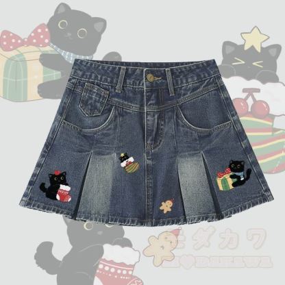 MODAKAWA Weihnachtlicher Jeansrock mit schwarzem Katzenmotiv und Falten - Dunkelblau - 5XL - image 2