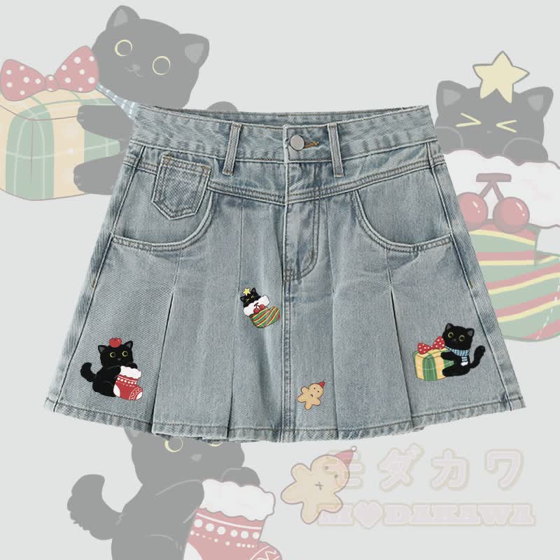 MODAKAWA Weihnachtlicher Jeansrock mit schwarzem Katzenmotiv und Falten - Blau - 5XL - image 1