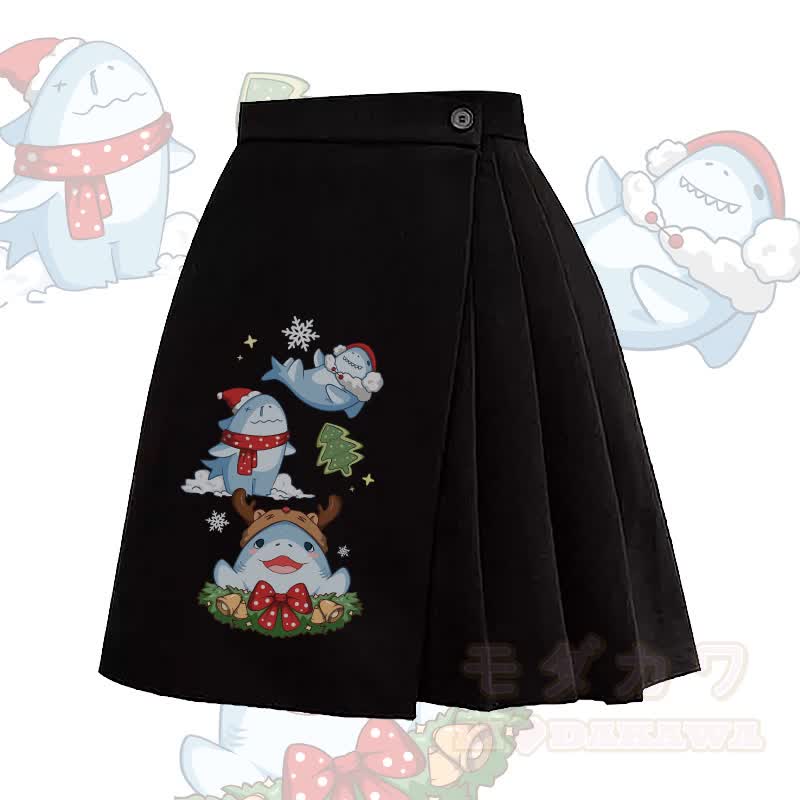 MODAKAWA Weihnachtshai-Grafik Unregelmäßiger Faltenrock - Schwarz - L - image 1