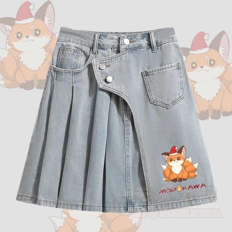 MODAKAWA Weihnachtlicher Jeansrock mit neunschwänzigem Fuchs-Motiv und unregelmäßigen Falten - Blau - 5XL - image 1