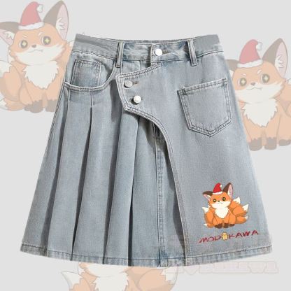 MODAKAWA Weihnachtlicher Jeansrock mit neunschwänzigem Fuchs-Motiv und unregelmäßigen Falten - Blau - 5XL - image 1