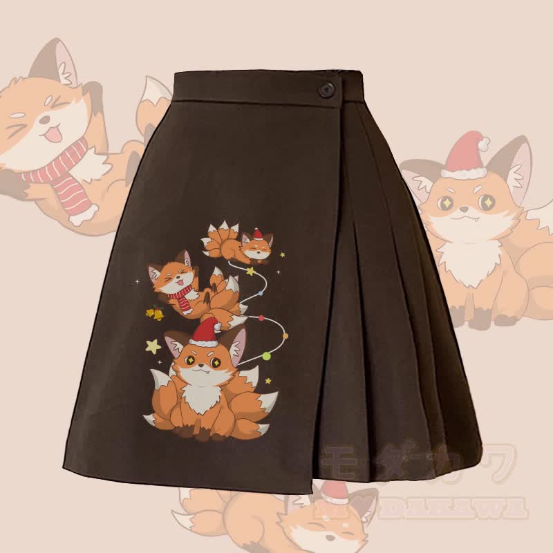 MODAKAWA Weihnachtlicher Rock mit neunschwänzigem Fuchs-Motiv und unregelmäßigen Falten - Braun - L - image 1