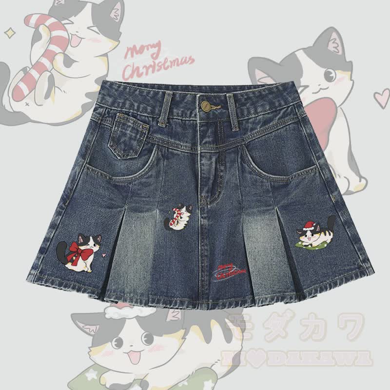 MODAKAWA Verspielter Weihnachts-Jeansrock mit schwarzer Katzengrafik und Falten - Dunkelblau - 5XL - image 2