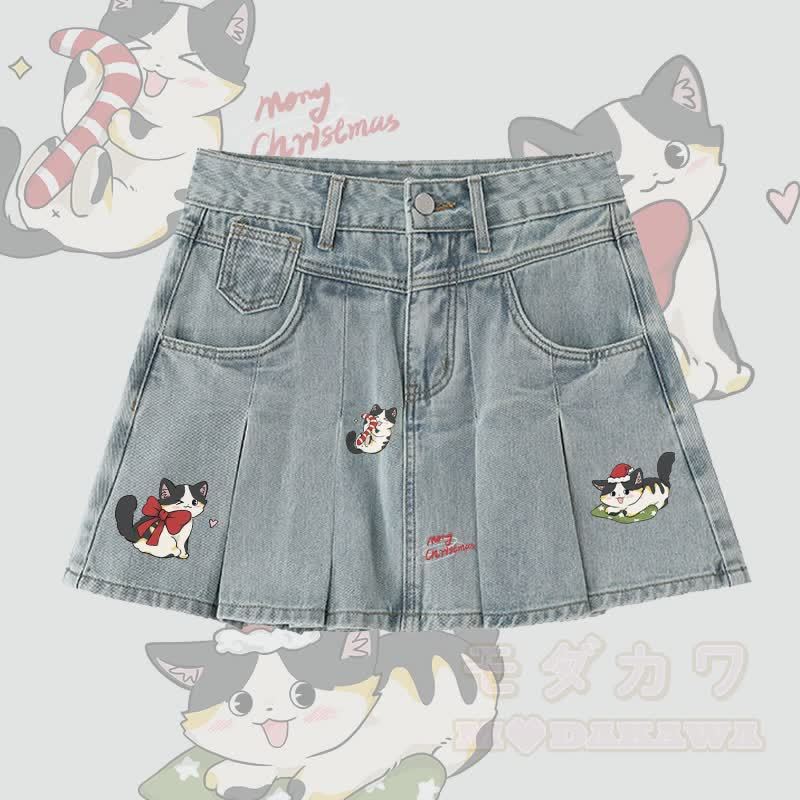 MODAKAWA Verspielter Weihnachts-Jeansrock mit schwarzer Katzengrafik und Falten - Blau - 5XL - image 1