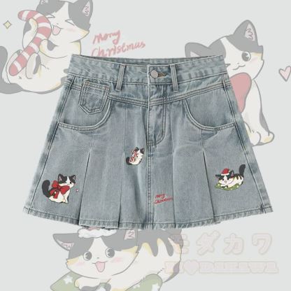 MODAKAWA Verspielter Weihnachts-Jeansrock mit schwarzer Katzengrafik und Falten - Blau - 5XL - image 1