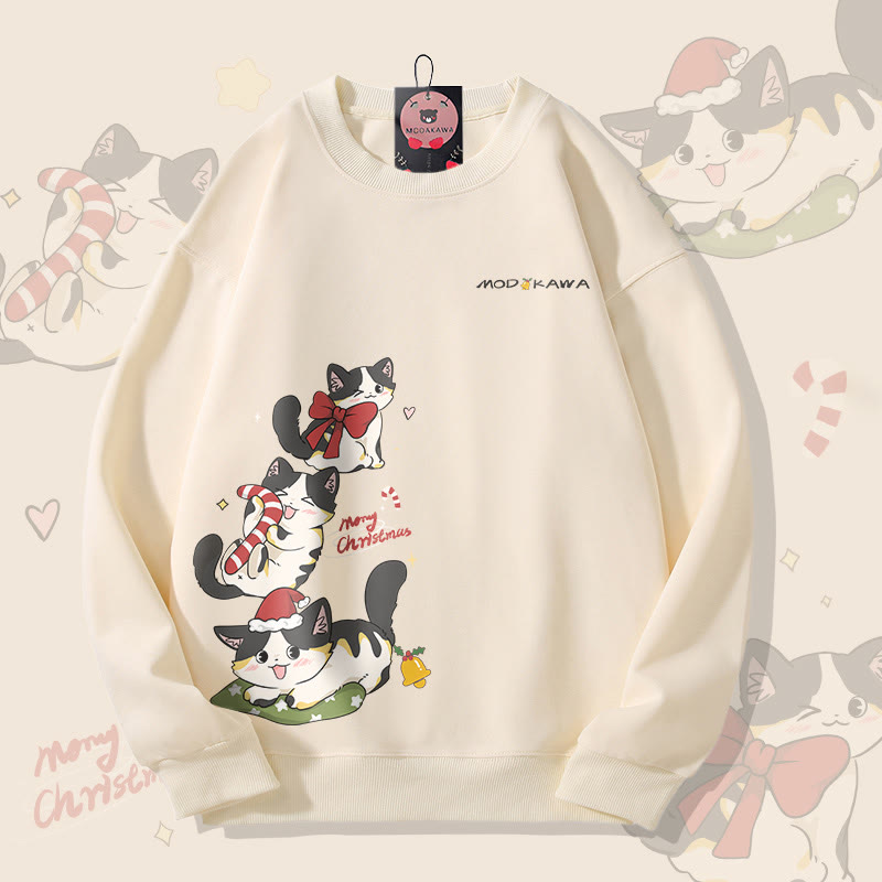 MODAKAWA Unisex-Sweatshirt mit verspieltem Weihnachtsmotiv und schwarzer Katze - Beige - 5XL - image 1