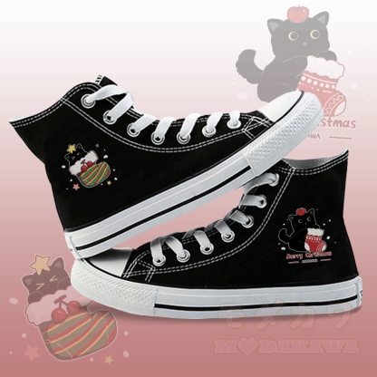 MODAKAWA Verspielte Weihnachtsschuhe mit schwarzer Katzengrafik, hohe Canvas-Schuhe - Schwarz - 44 - image 1