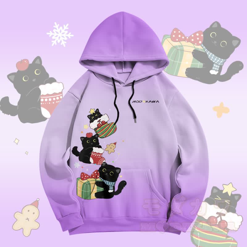 MODAKAWA Pullover-Hoodie mit Farbverlauf und Weihnachtsmotiv: Schwarze Katze mit Allover-Print - Lila - 5XL - image 2