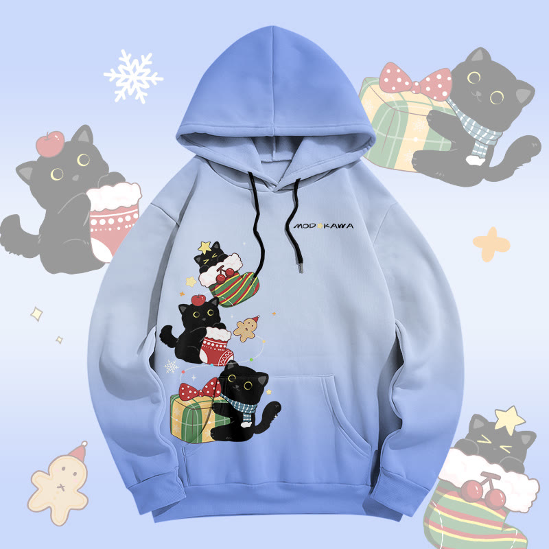 MODAKAWA Pullover-Hoodie mit Farbverlauf und Weihnachtsmotiv: Schwarze Katze mit Allover-Print - Blue - 8XL - image 1
