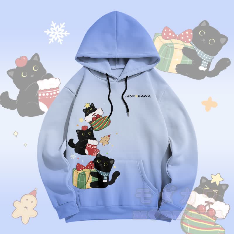 MODAKAWA Pullover-Hoodie mit Farbverlauf und Weihnachtsmotiv: Schwarze Katze mit Allover-Print - Blau - 5XL - image 1