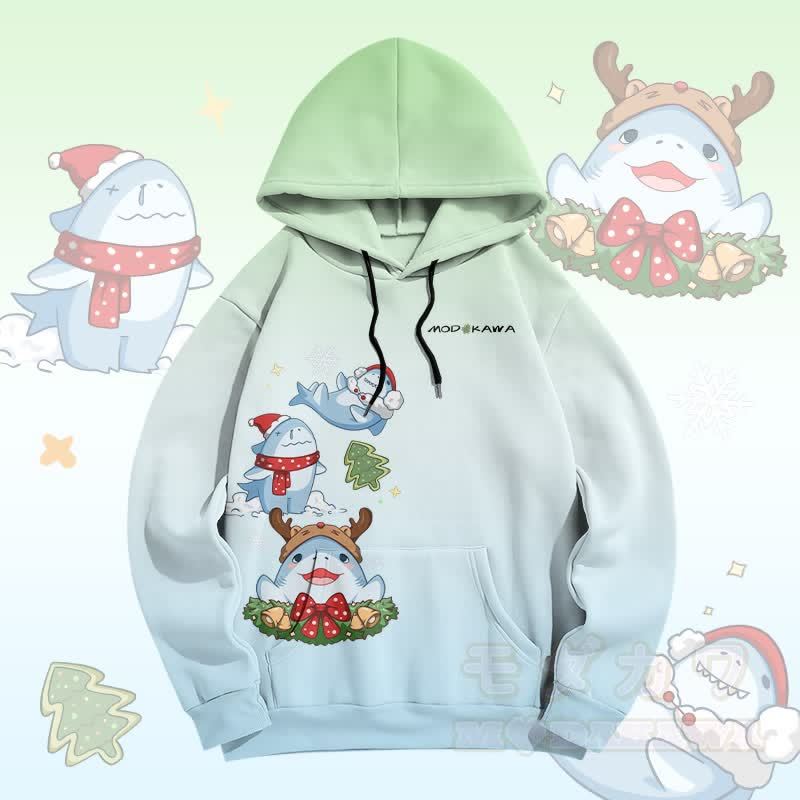 MODAKAWA Pullover-Hoodie mit Farbverlauf und Weihnachtshai-Grafik-Allover-Print - Grün - 5XL - image 2