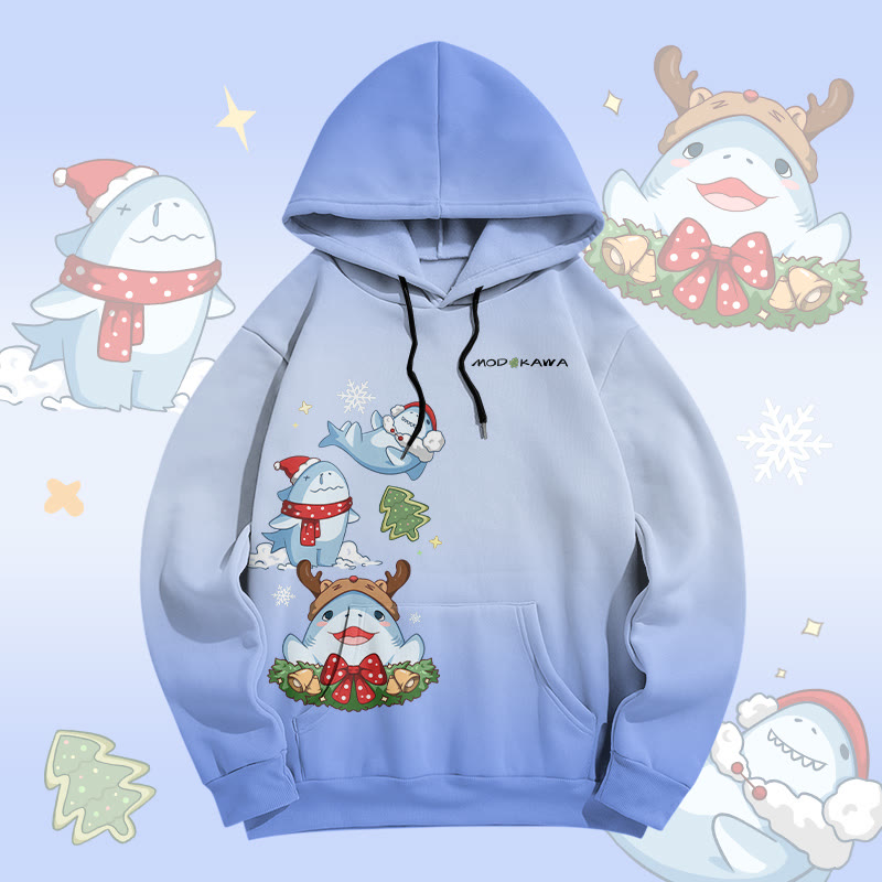 MODAKAWA Pullover-Hoodie mit Farbverlauf und Weihnachtshai-Grafik-Allover-Print - Blue - 8XL - image 1