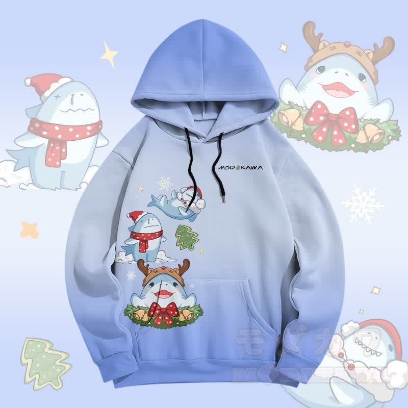MODAKAWA Pullover-Hoodie mit Farbverlauf und Weihnachtshai-Grafik-Allover-Print - Blau - 5XL - image 1