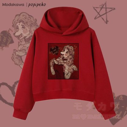 MODAKAWA X popipeko Vintage Pudel Grafik Cropped Cotton Hoodie - Weinrot - 3XL - image 1