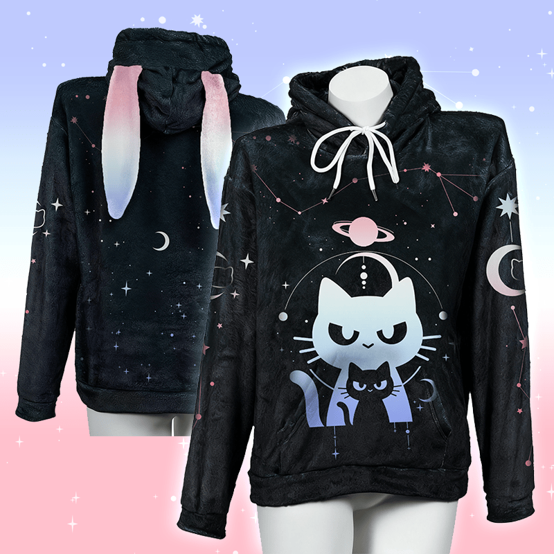 MODAKAWA Kawaii Cosmic Cat Plüsch-Hoodie mit Hasenohren - image 1