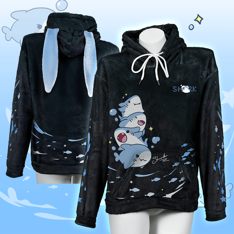 MODAKAWA Plüsch-Hoodie mit verspieltem Hai-Motiv und Hasenohren - image 1
