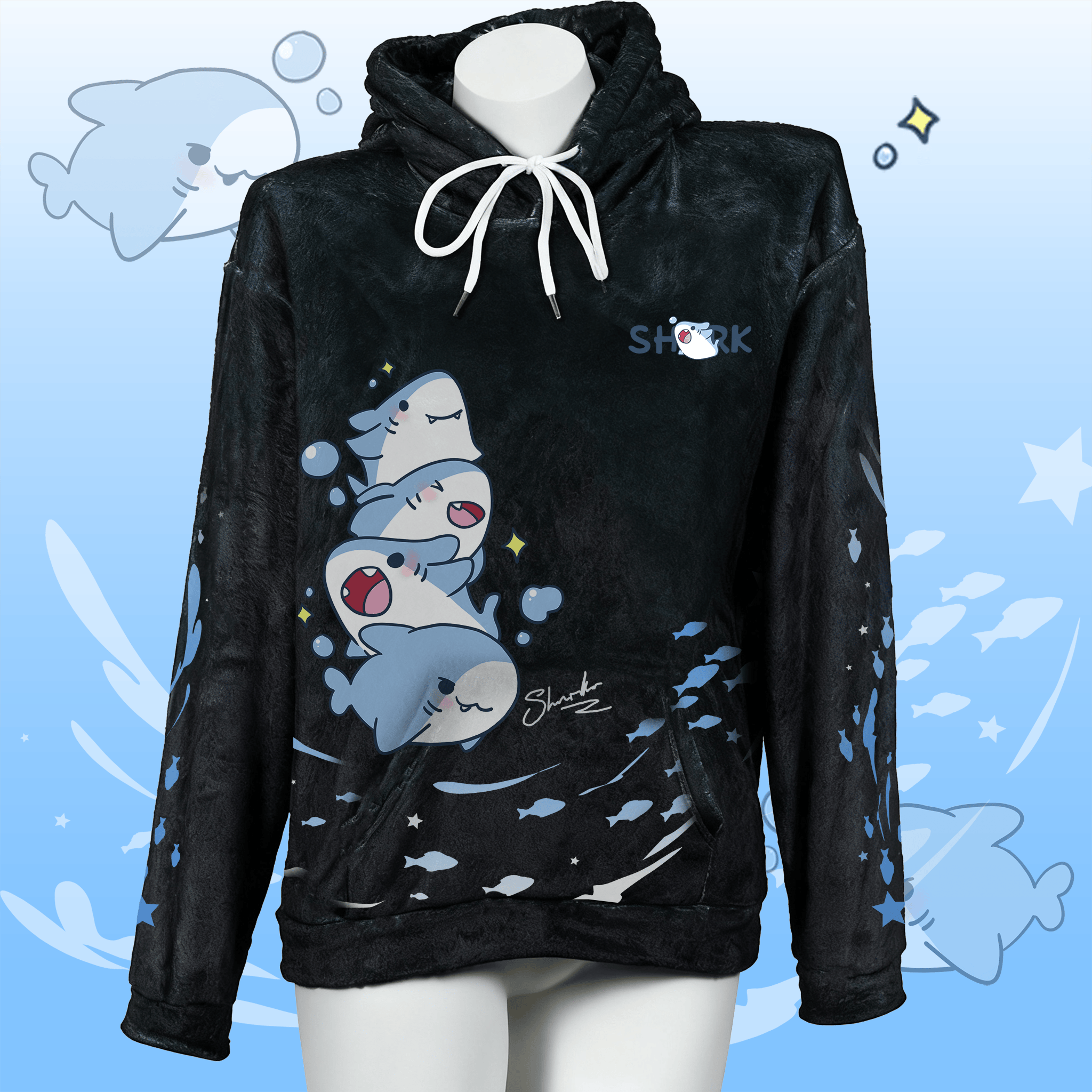 MODAKAWA Plüsch-Hoodie mit verspieltem Hai-Motiv und Hasenohren - Black - 4XL - image 2