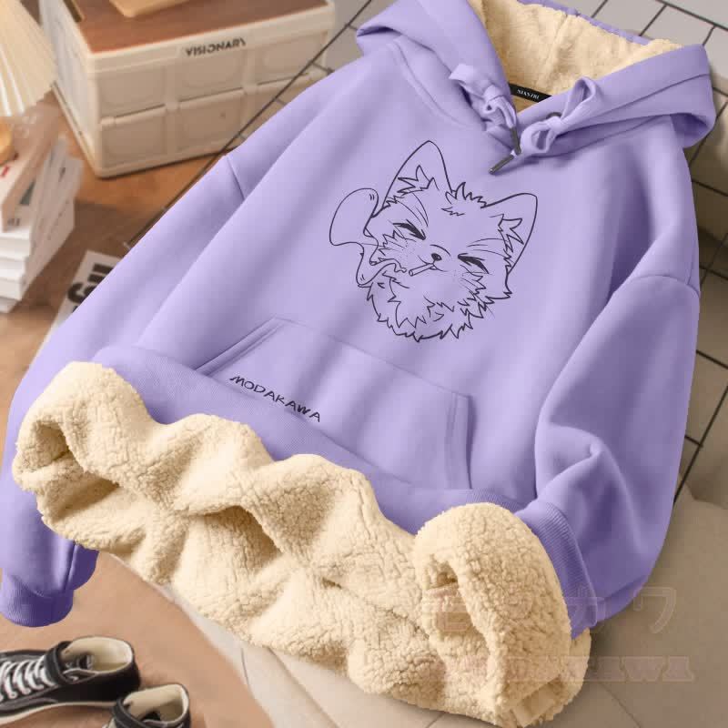 MODAKAWA Winterhoodie mit Raucherkatzen-Motiv, dick gefüttert mit Fleece - Lila - 2XL - image 2