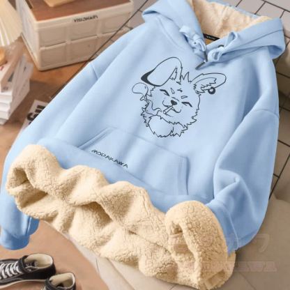 MODAKAWA Nabi Smoking Bunny Grafik Dick Fleecegefütterter Winterhoodie - Blau - 2XL - image 1