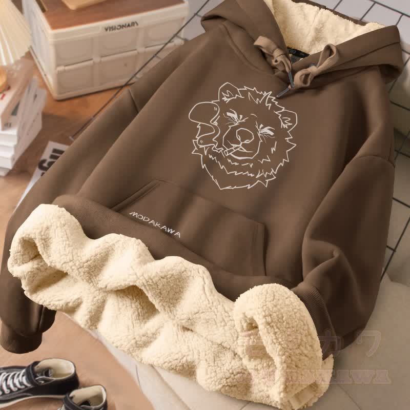 MODAKAWA Winterhoodie mit Raucherbär-Motiv, dick gefüttert mit Fleece - Braun - 2XL - image 1