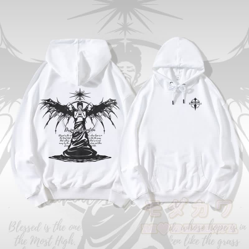 MODAKAWA GÖTTLICHE INTERVENTION Schwarzflügel-Engel-Grafik Streetwear Pullover Hoodie - Weiß - 5XL - image 2