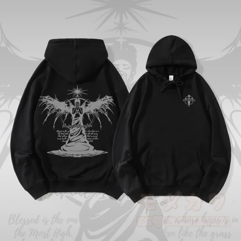 MODAKAWA GÖTTLICHE INTERVENTION Schwarzflügel-Engel-Grafik Streetwear Pullover Hoodie - Schwarz - 5XL - image 1