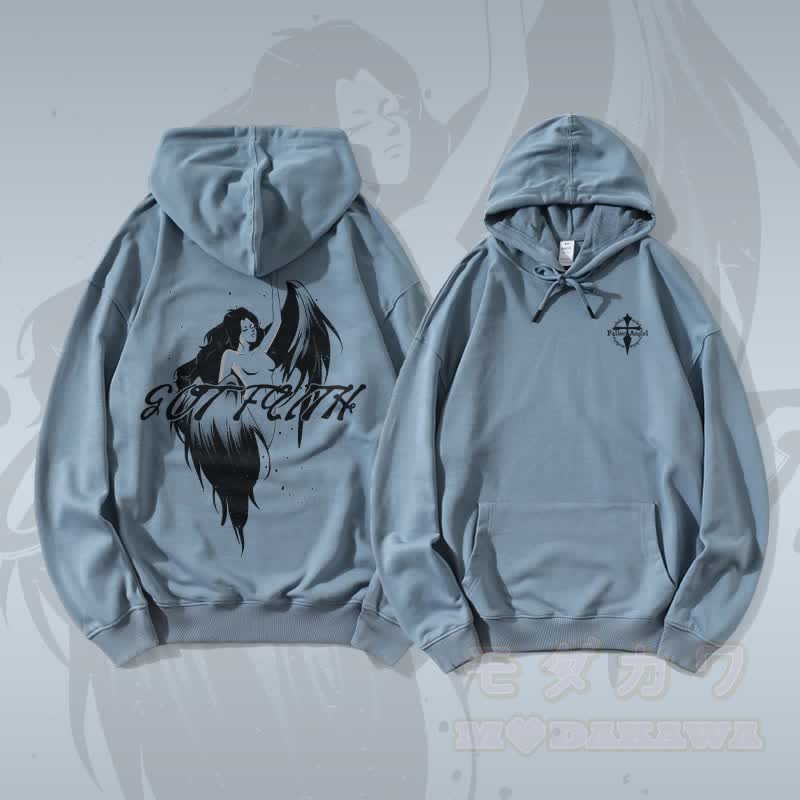 MODAKAWA GOT FAITH Angel Graphic Streetwear Pullover Hoodie - Staubiges Blau - 5XL - image 1
